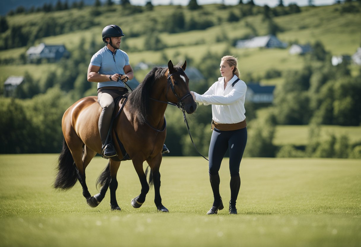 Islandic horses training in a spacious, lush field under the clear blue sky, with a trainer guiding them through various exercises