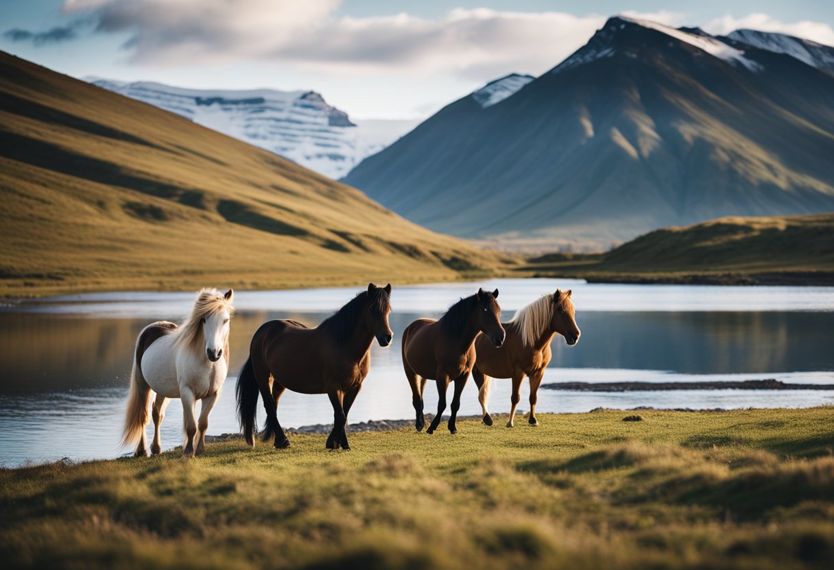 A group of Icelandic horses being trained in a spacious, natural setting with a backdrop of mountains and a flowing river