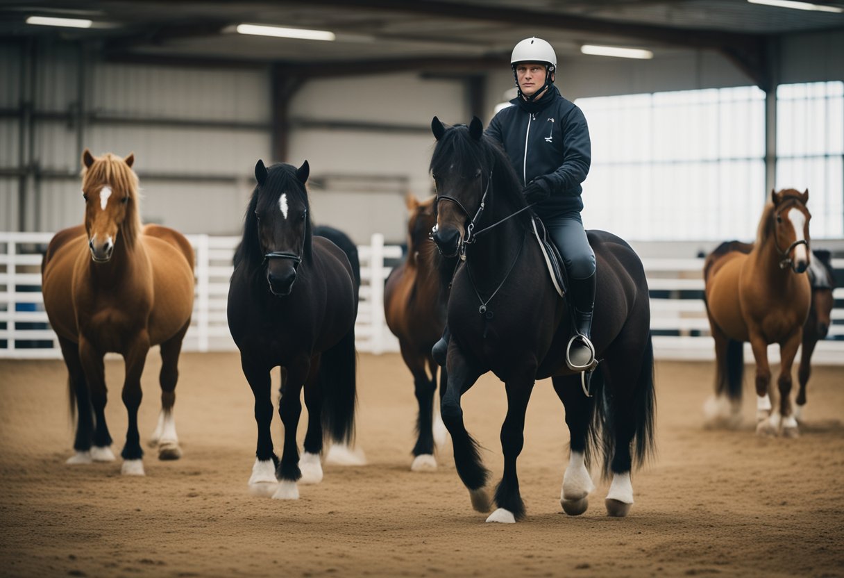 A group of Icelandic horses being trained and educated in advanced competition techniques in a spacious and well-equipped training arena