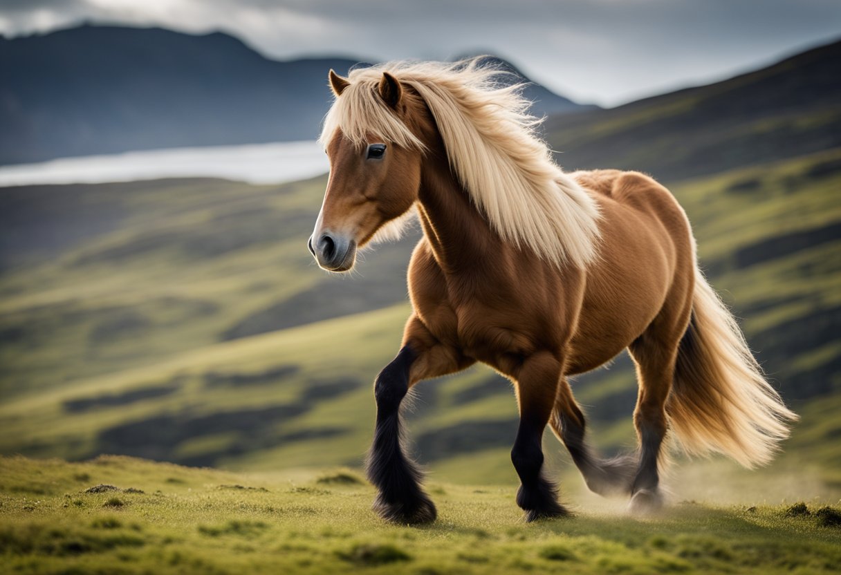 The Icelandic horse showcases its unique gaits in a lush, mountainous landscape. Its powerful stride and flowing mane capture the essence of its distinct movements