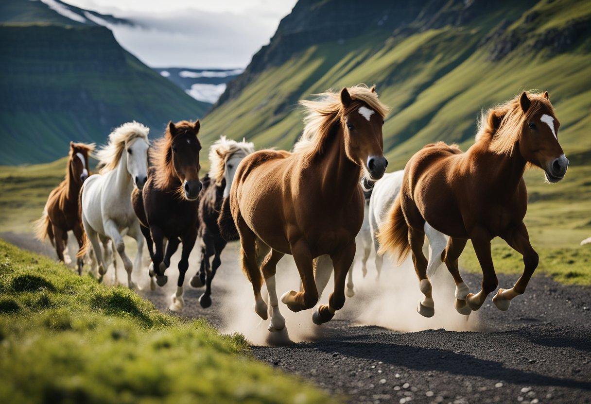 A group of Icelandic horses trot and gallop across a rugged landscape, showcasing their unique gaits. The backdrop includes volcanic mountains and lush green valleys