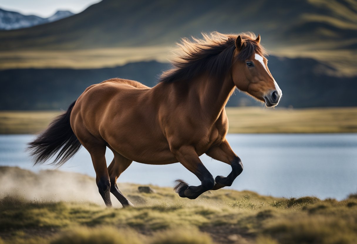 A powerful Icelandic horse galloping through a rugged landscape, showcasing strength and agility