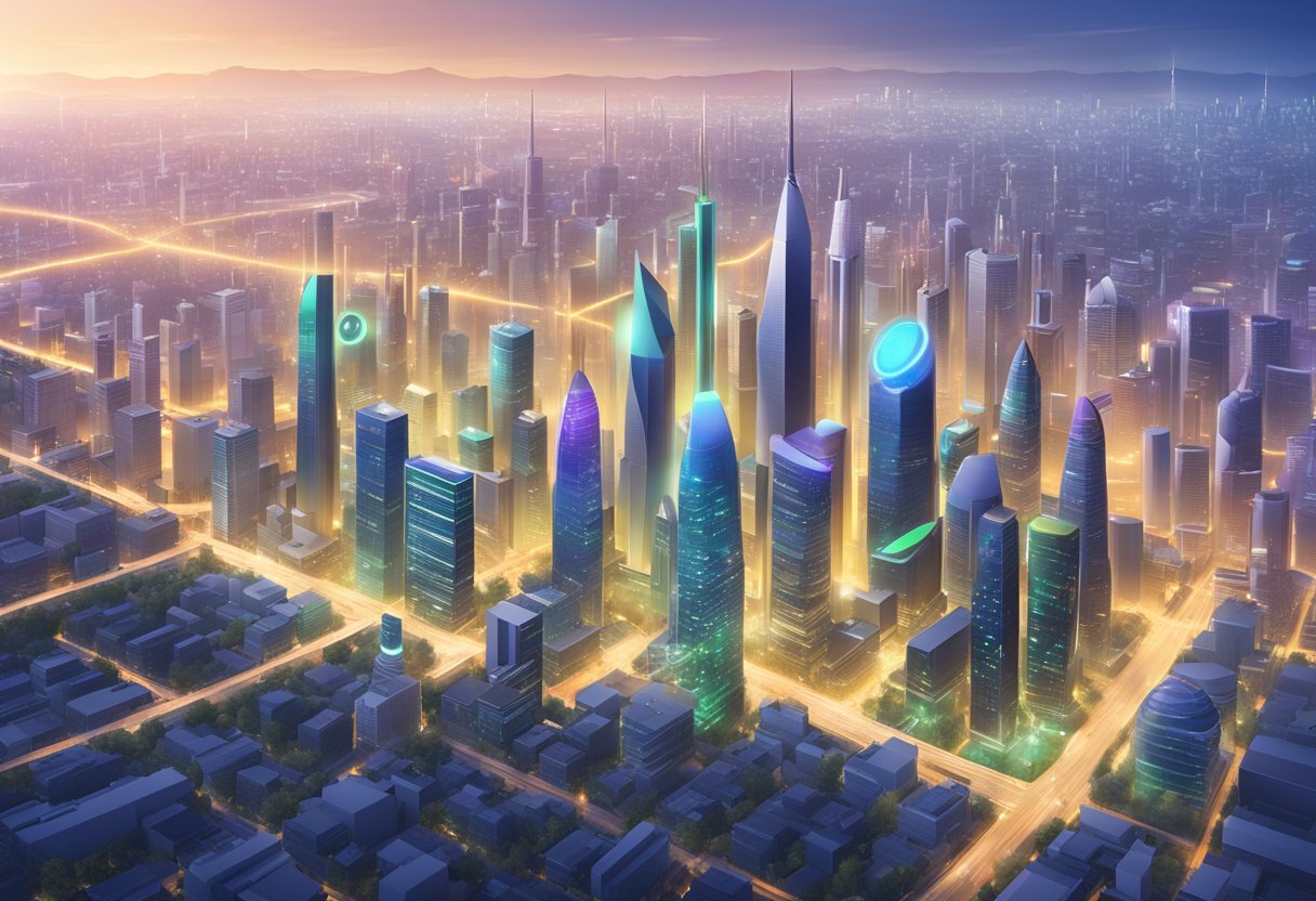 A city skyline with 5G towers emitting signals, surrounded by Aires Tech EMF protection devices