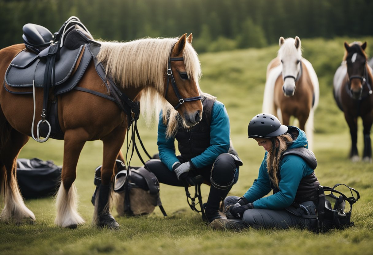 A group of Icelandic horses are being prepared for a trail ride, with riders checking their equipment and ensuring safety measures are in place