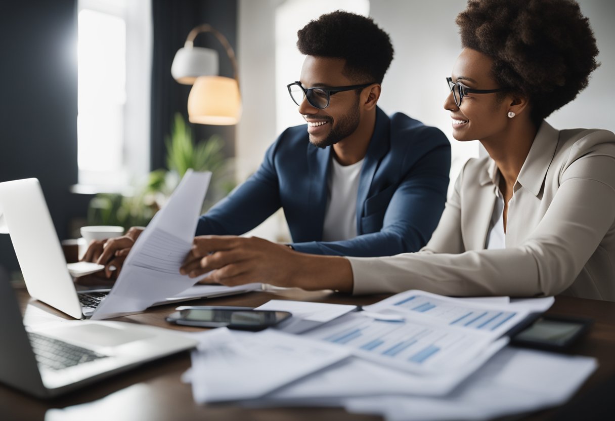 A couple sits at a table with a stack of papers, calculator, and laptop. They are discussing and planning their realistic budget for buying a home