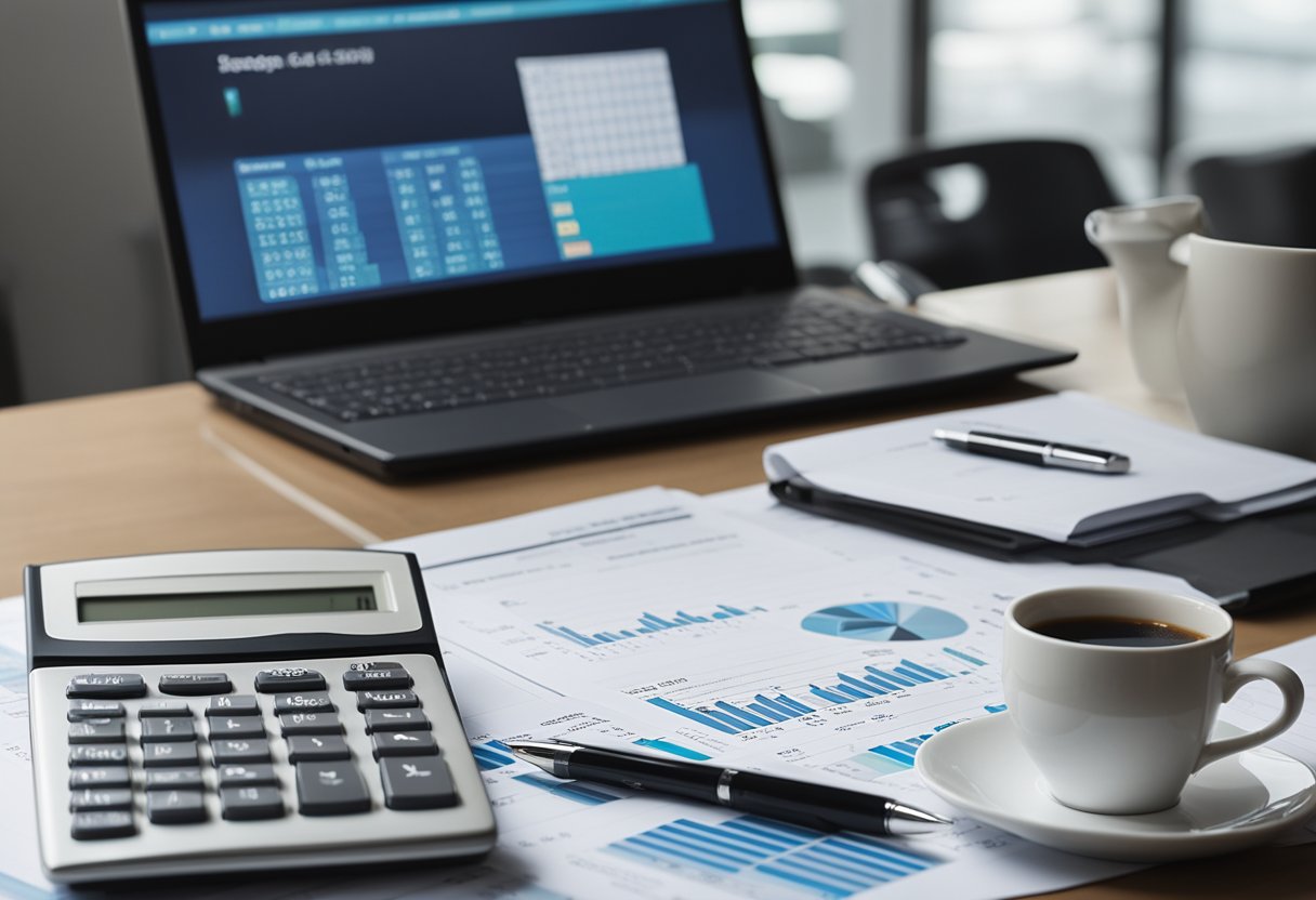 A person sits at a desk with a calculator, pen, and paper. A laptop displays a budget spreadsheet for home purchase. A cup of coffee sits nearby