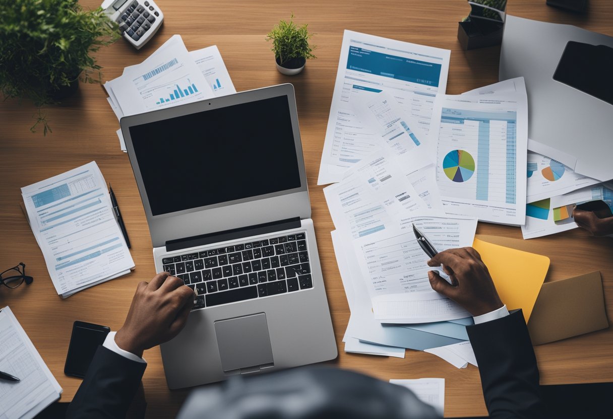 A person sitting at a desk with a calculator and notebook, surrounded by papers and financial documents. A laptop open to a budgeting website