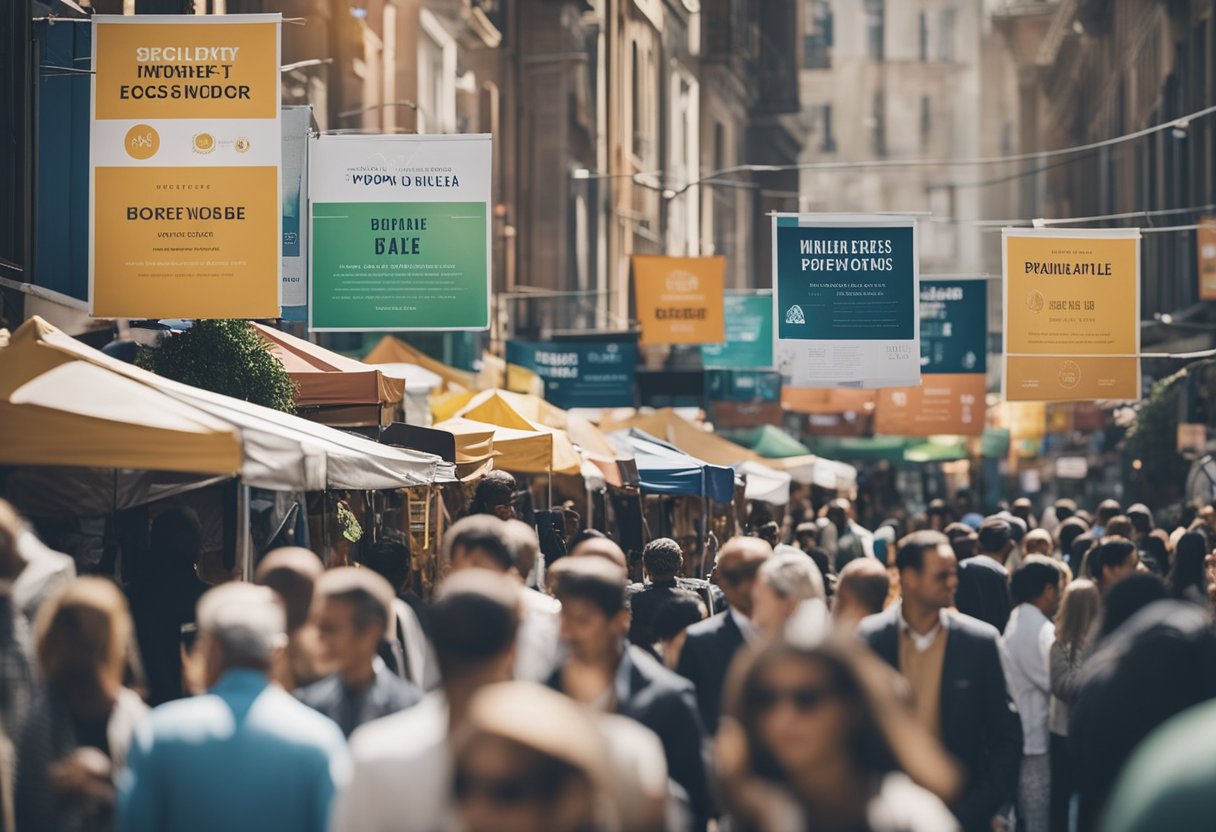 A bustling market with real estate trends and analysis displayed on colorful banners and posters. Busy attendees engage in discussions while vendors showcase housing data and information