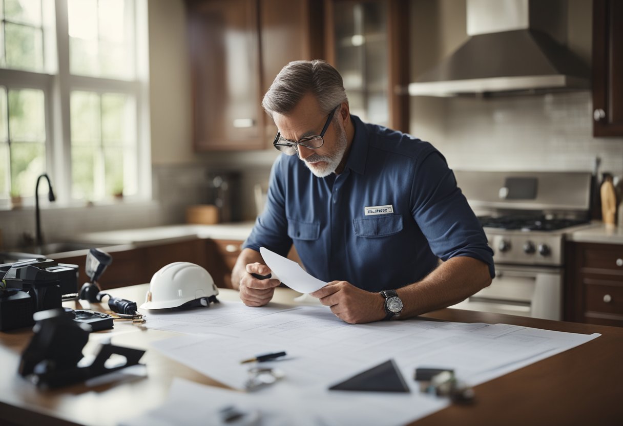 A home inspector examines a house, checking for structural integrity and potential issues. Tools and paperwork are scattered on a table