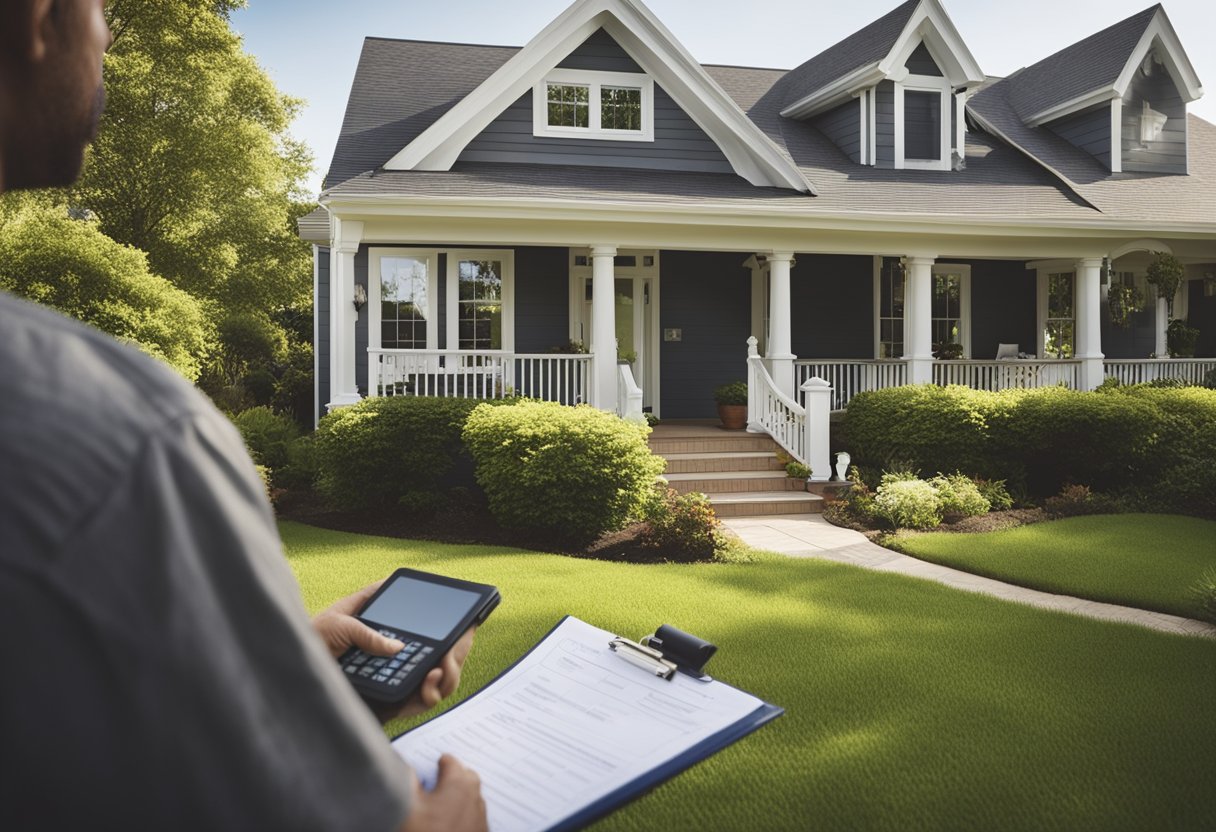 A home inspector examining a house exterior with a checklist and tools in hand. The house has a front porch, windows, and a well-maintained lawn