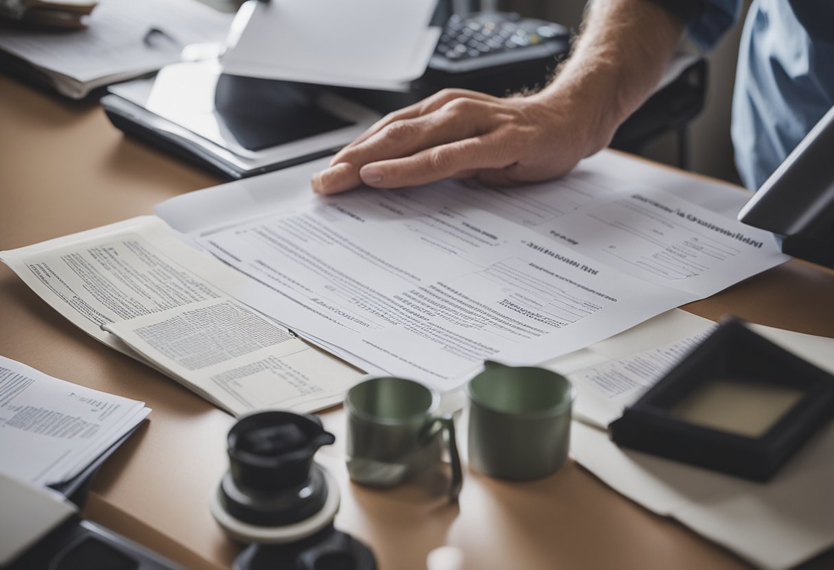 A homeowner gathers documents and tidies up before a home inspection. Papers are organized, and cleaning supplies are laid out