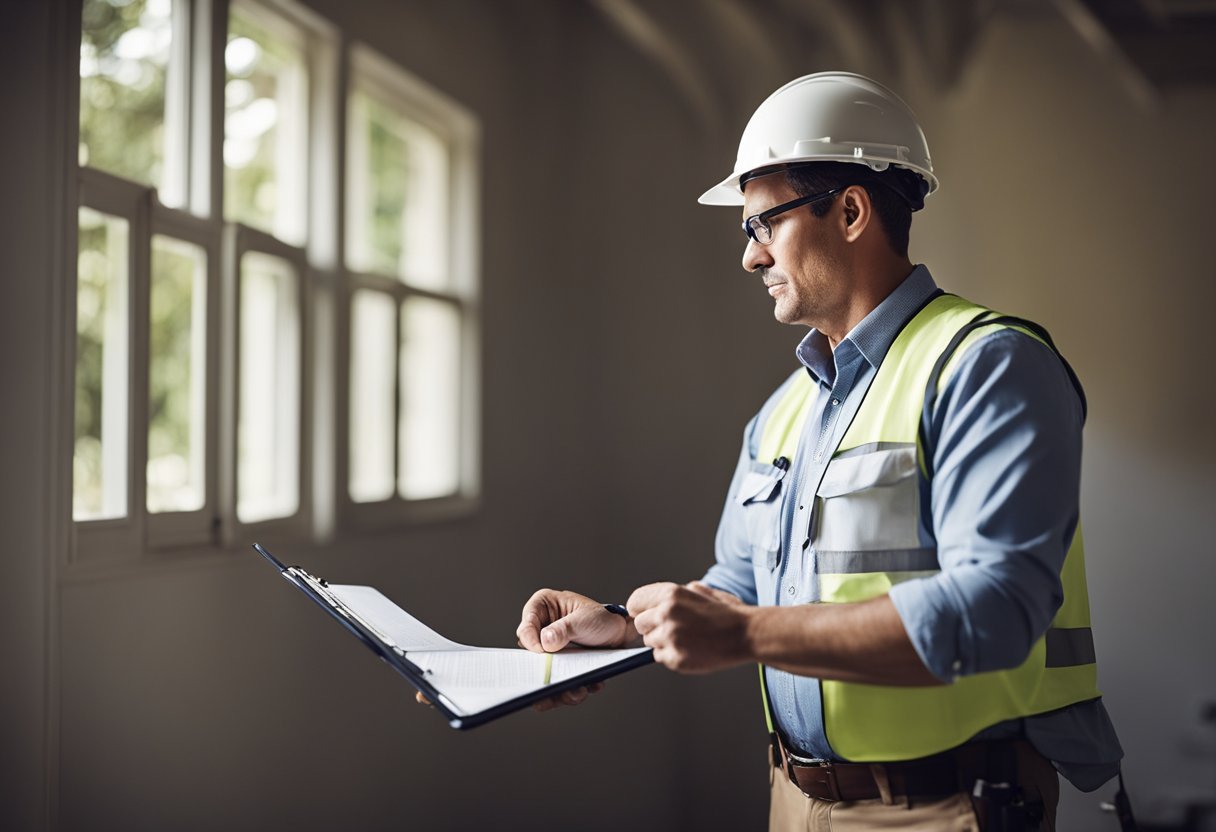 A home inspector examines a house, checking for structural issues and safety hazards. They carry a clipboard and use a flashlight to inspect hard-to-reach areas