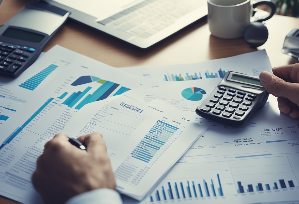 A person comparing different housing loan options and financial opportunities, surrounded by charts, graphs, and mortgage documents