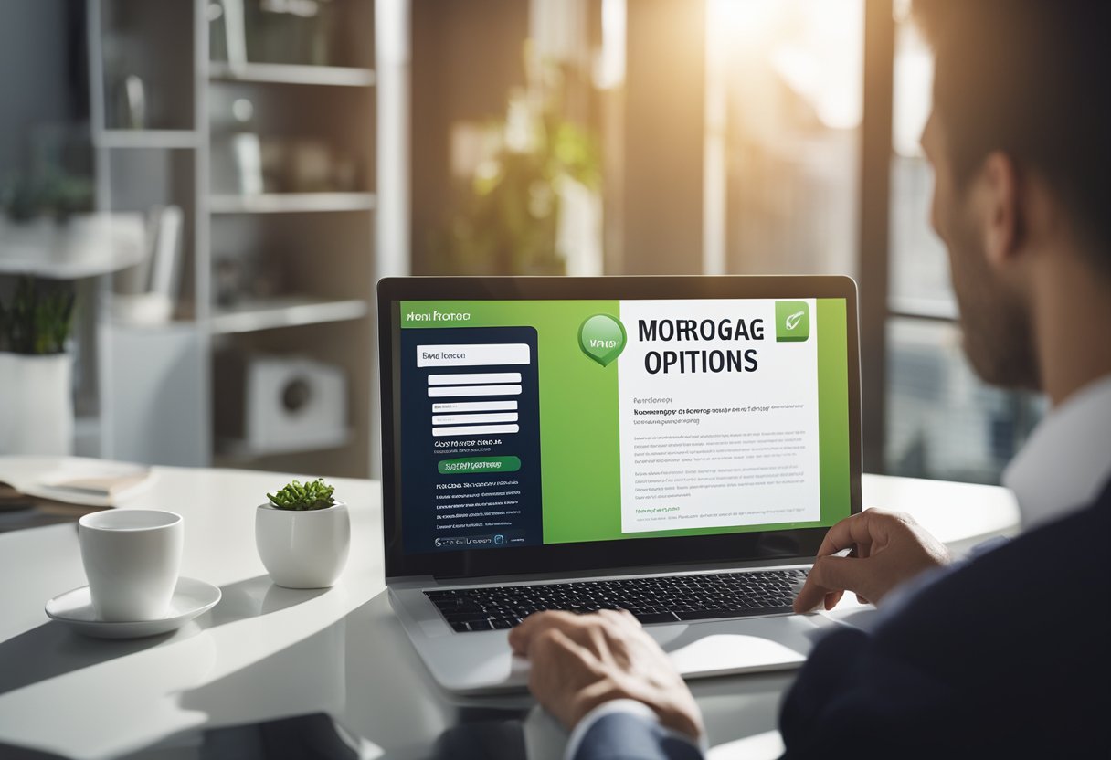 A person reads a guide on choosing the right mortgage and financing options, with various loan terms and interest rates displayed on a computer screen