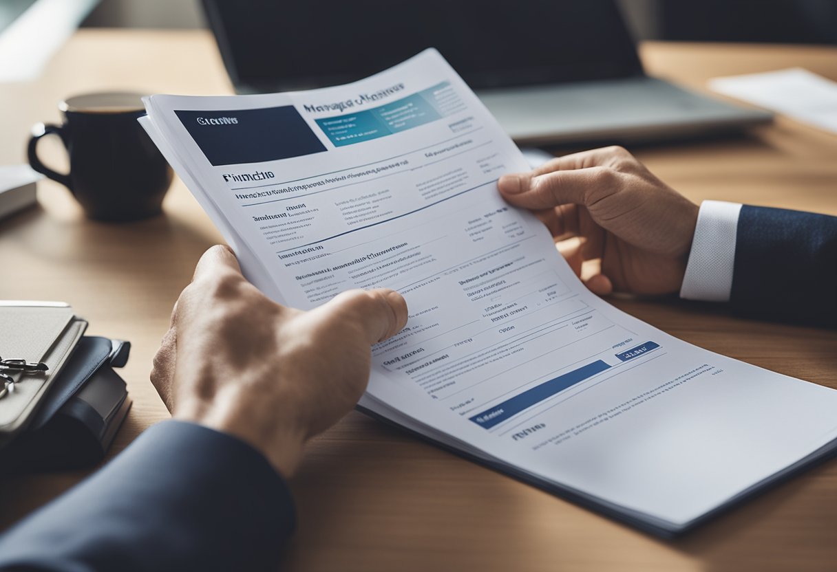 A person reading a "Guide to choosing the right mortgage and financing options" with various loan and financing documents spread out on a desk