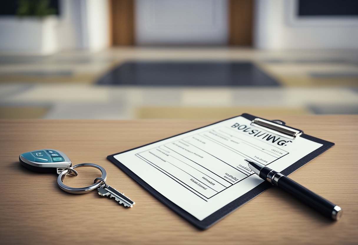 A checklist on a table with a pen, keys, and a house-shaped keychain. A door in the background with a sign "Boligvisning" (house viewing)