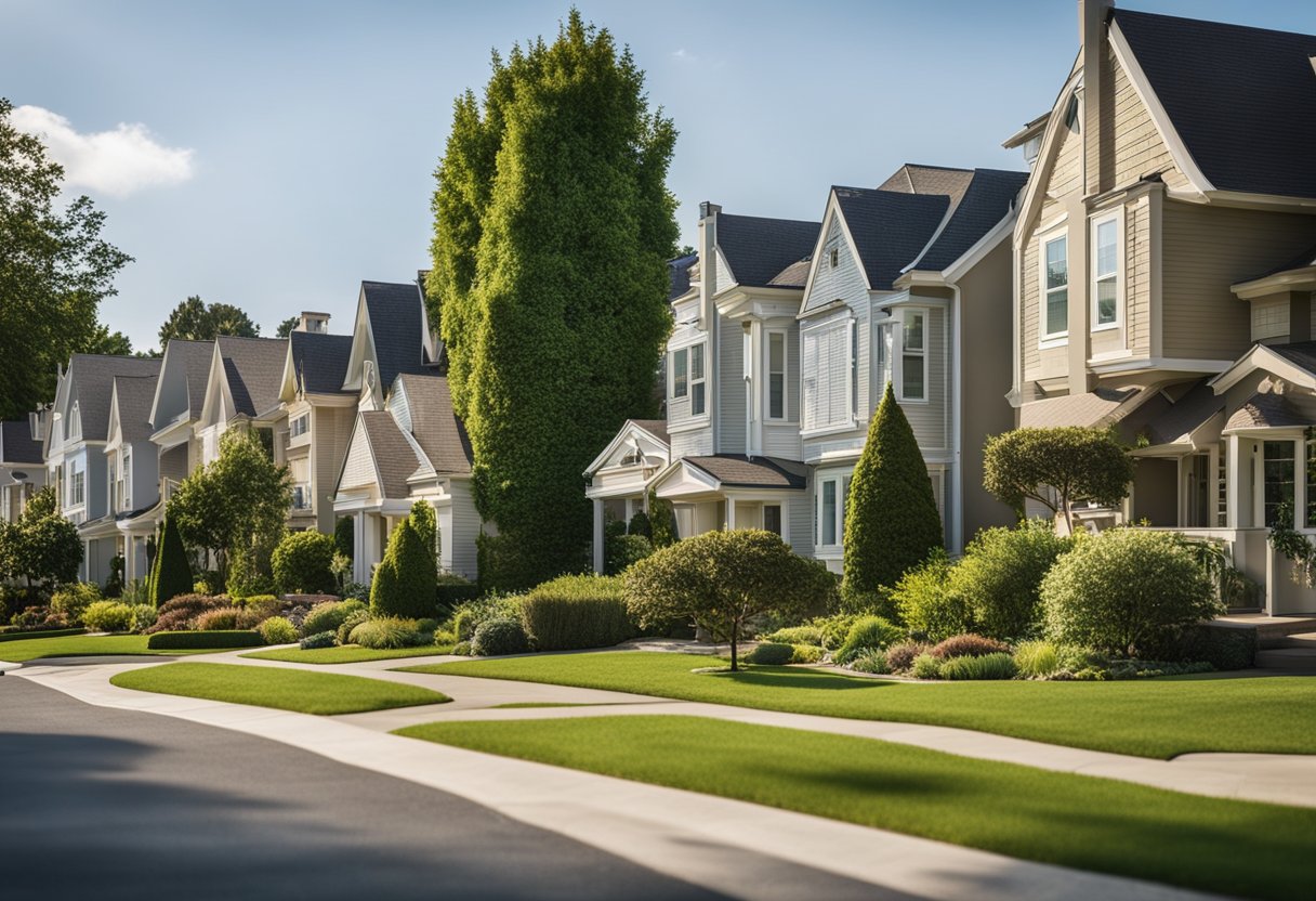 A suburban neighborhood with tidy houses and manicured lawns. A checklist with items like "location" and "condition" is displayed prominently