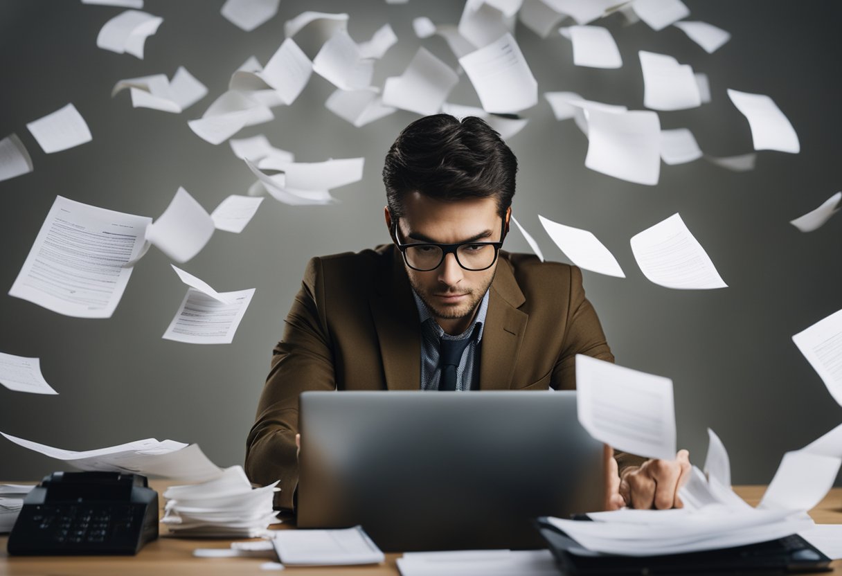 A person typing on a computer, surrounded by papers and a calculator, with a determined expression on their face