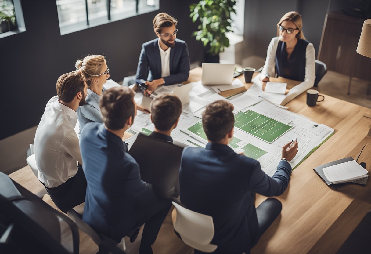 A group of potential buyers eagerly huddle around a real estate listing, discussing strategies for submitting a winning bid on a property