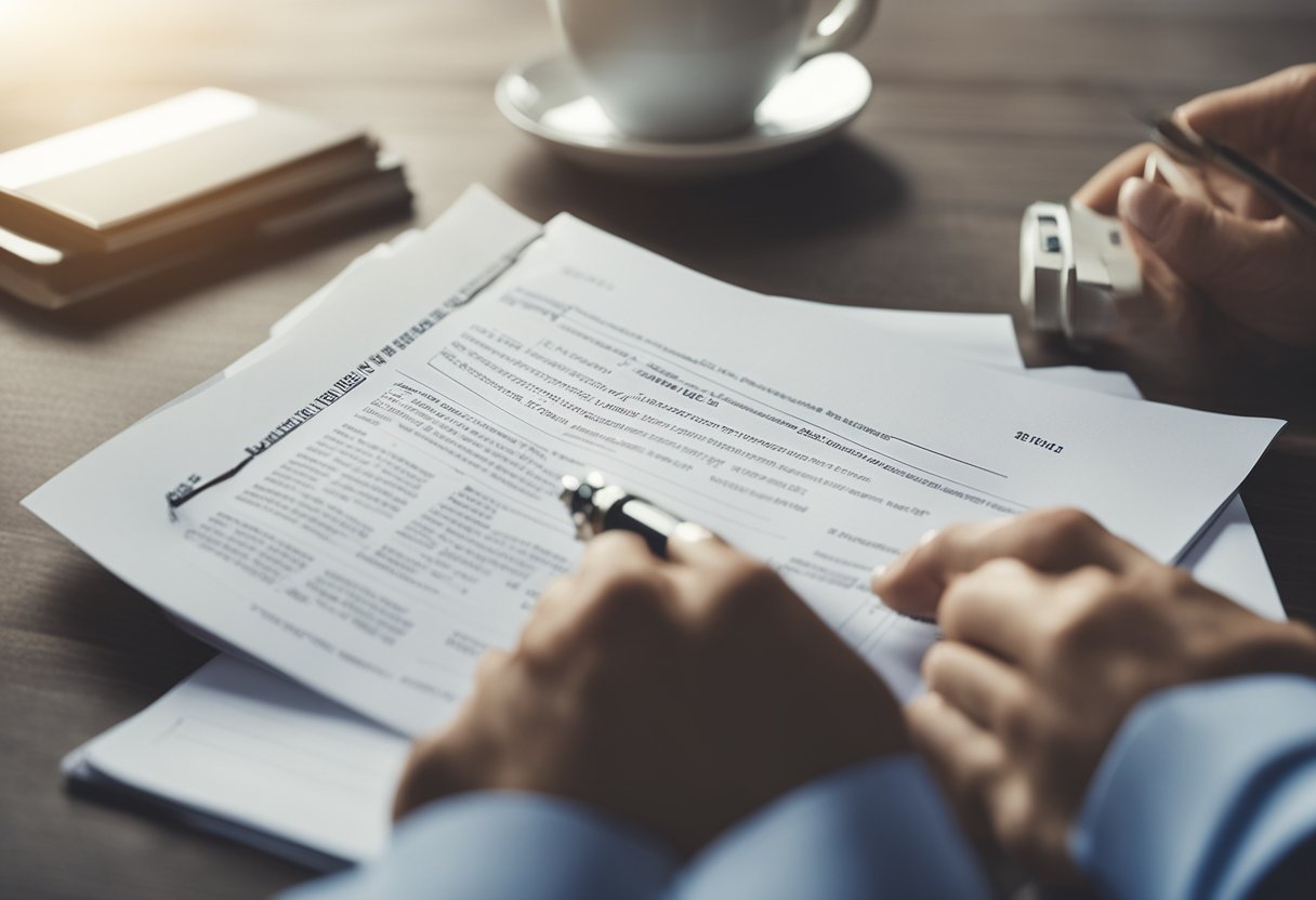 A person holding a pen and paper, researching housing market trends and financial strategies for placing a winning bid on a property