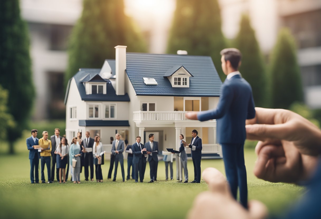 A person placing a winning bid on a house, surrounded by competing bidders and a real estate agent