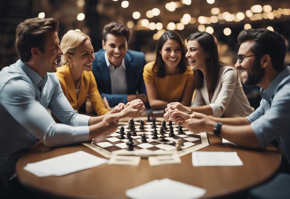 A group of people eagerly participate in a bidding round, exchanging offers and counteroffers with excitement and determination