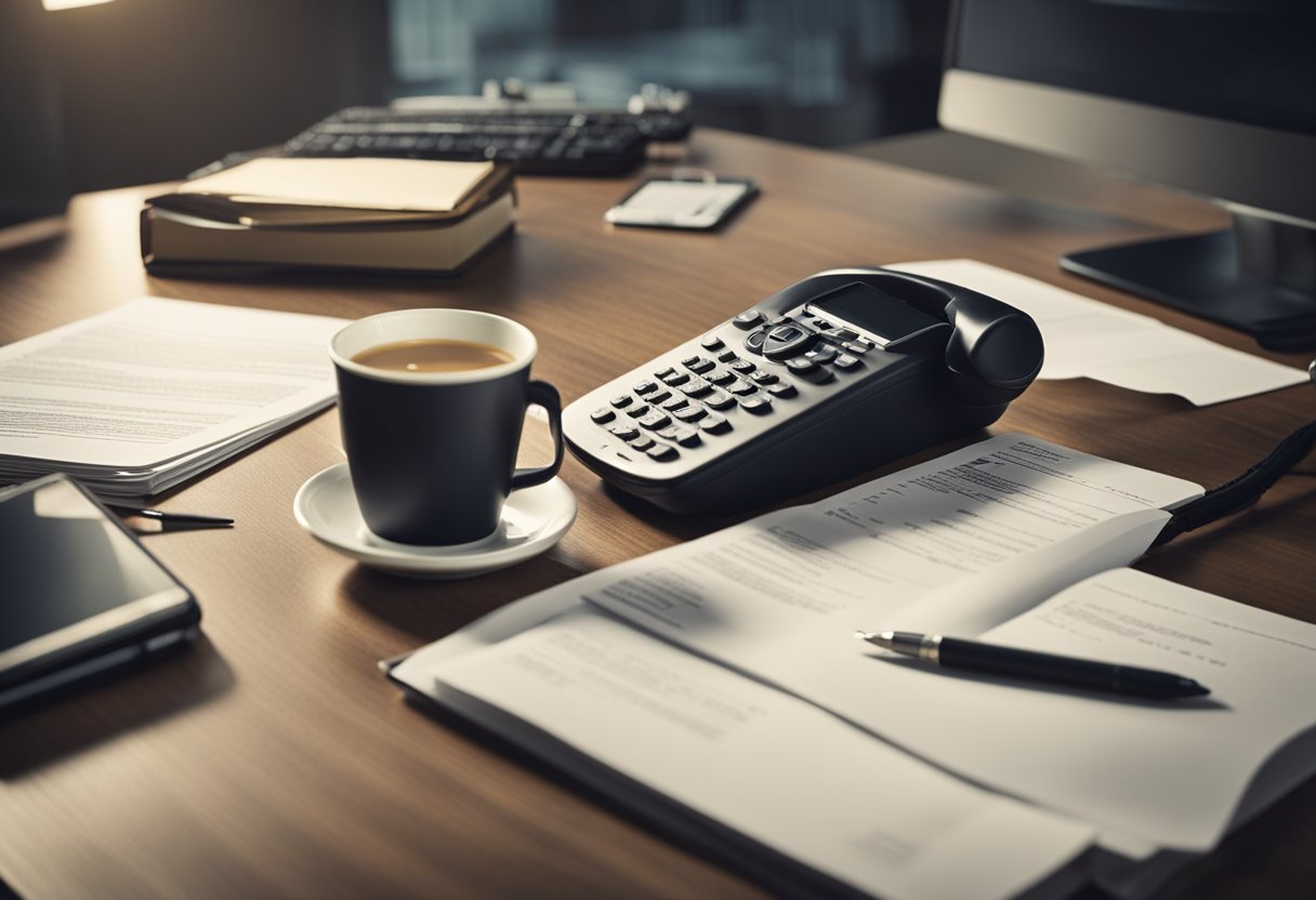 A table with paperwork, a computer, and a phone. A person preparing for a bidding round. Documents organized, phone ready for calls