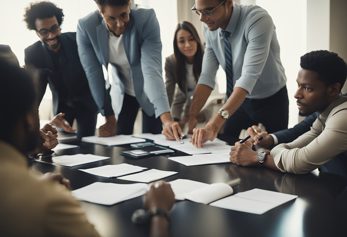 A group of people gather around a table, eagerly discussing and strategizing during a bidding round. Papers and pens are scattered across the table as they exchange tips and tricks for success