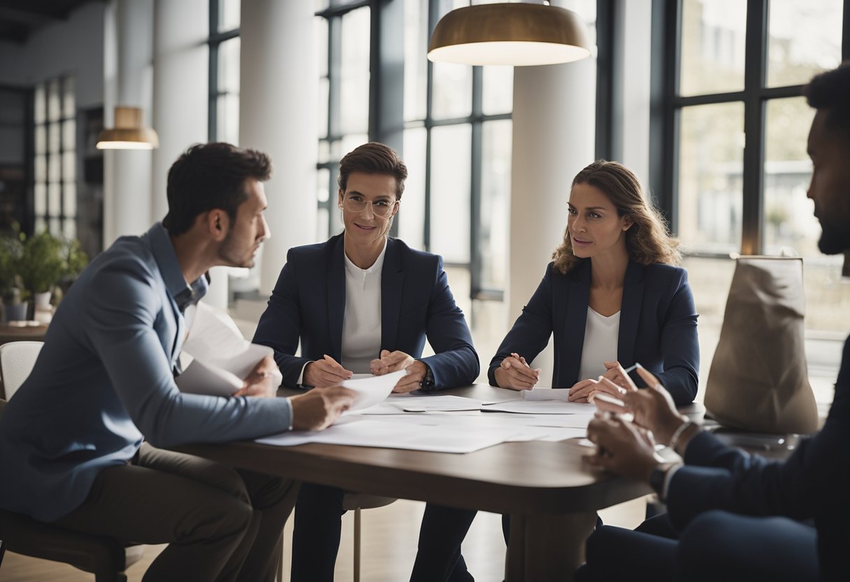 A group of people eagerly gather around a table, passing papers and discussing strategies. The tension in the room is palpable as they work through the intricacies of the bidding process