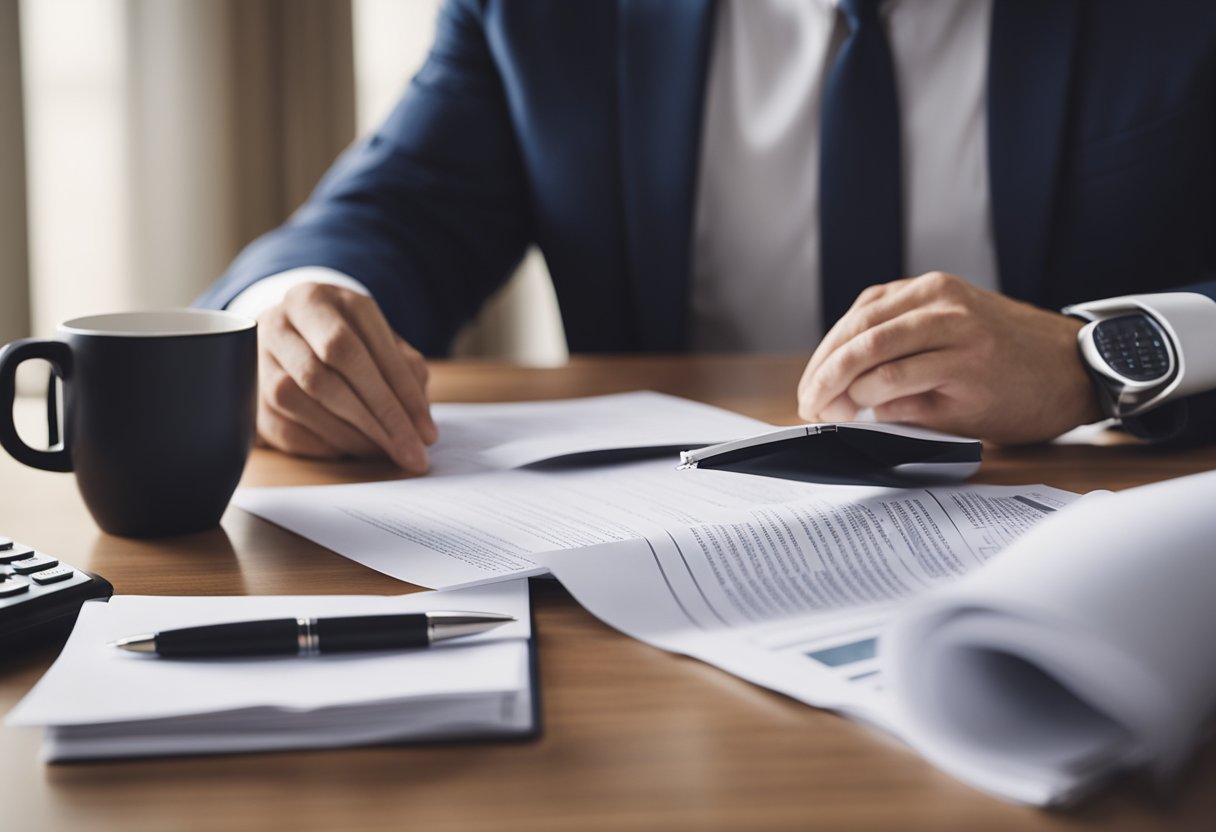 A person reading a real estate listing with a thoughtful expression, surrounded by a stack of papers and a calculator on a table