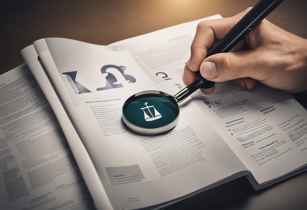 A person reading a property brochure with a magnifying glass, surrounded by question marks and a scale of justice