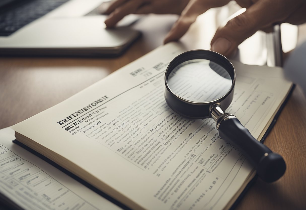 A person reading a real estate listing with a magnifying glass, analyzing details and taking notes in a notebook