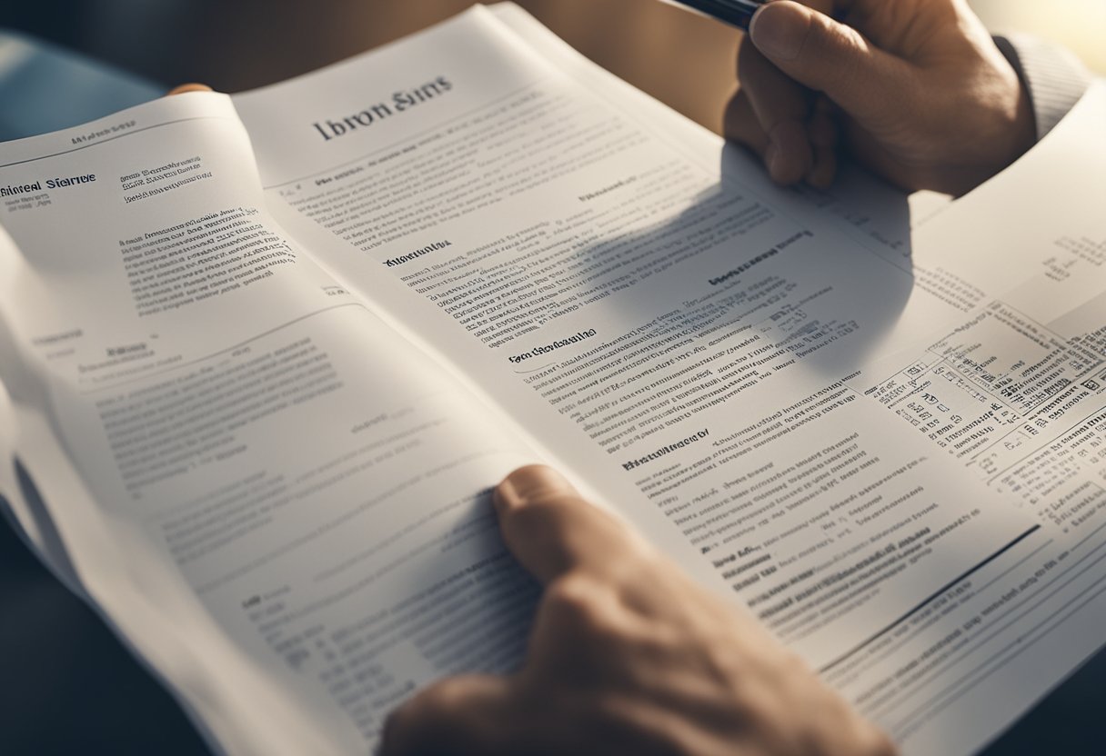 A person reading a real estate listing with legal documents and annotations