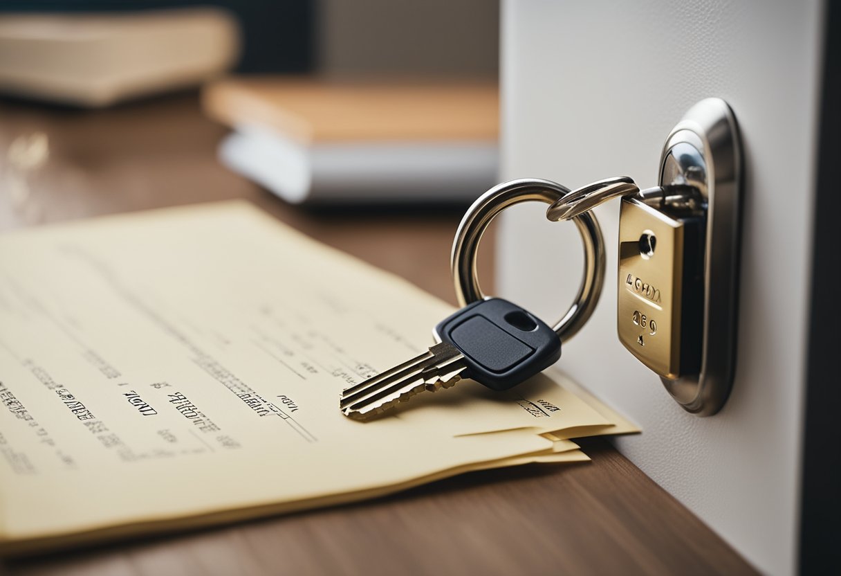 A step-by-step guide for taking over a new home, with keys and paperwork on a table, and a house key in a lock