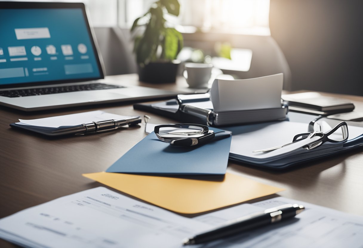 A table with a stack of papers, keys, and a pen. A set of blueprints and a clipboard with a checklist. A welcome mat at the entrance