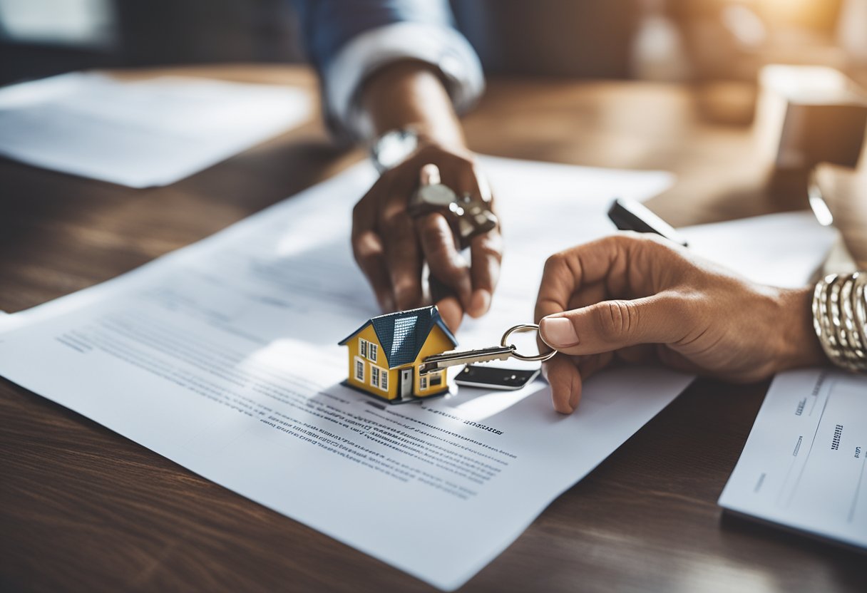 A new homeowner receives keys and paperwork in a handover process