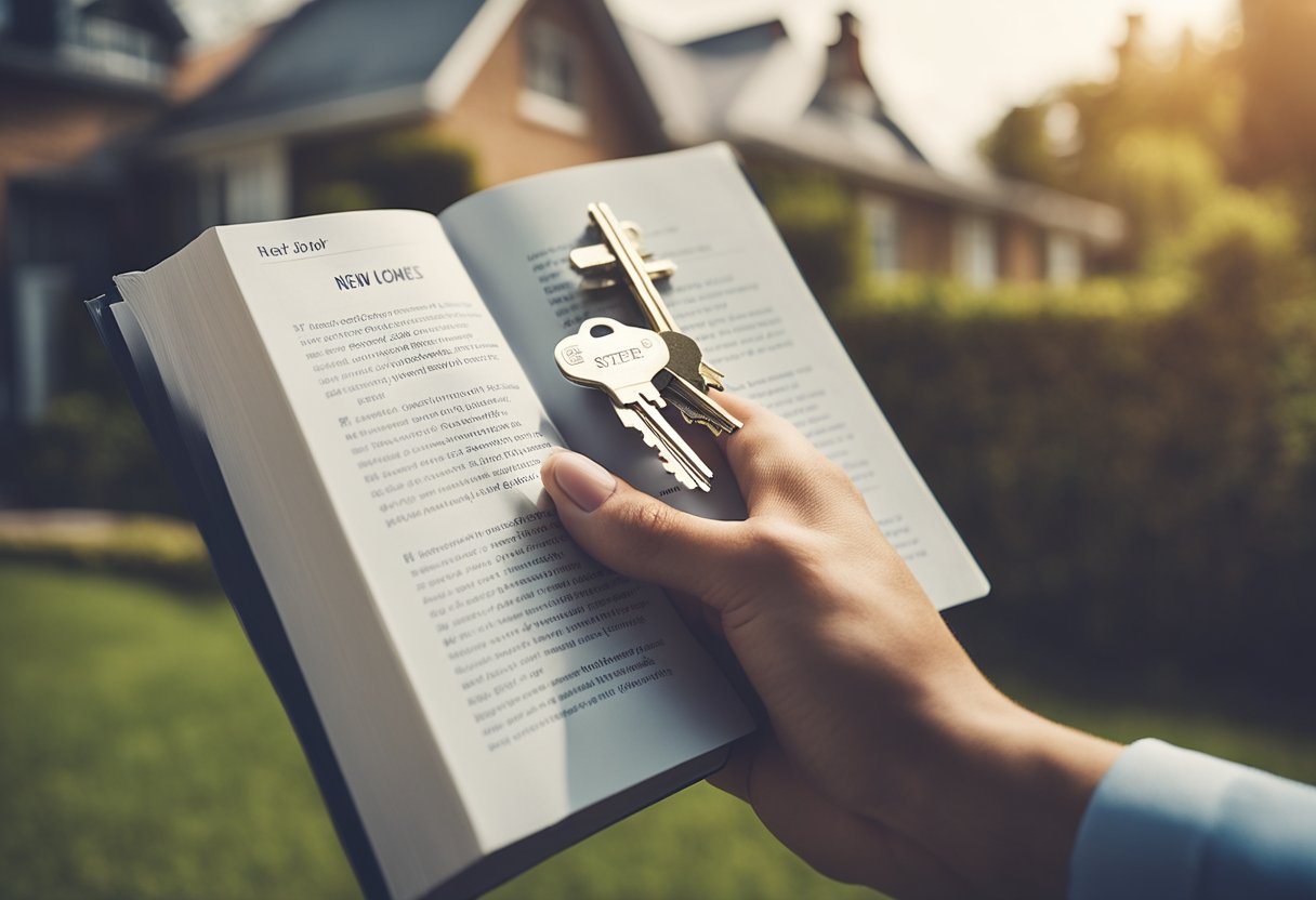 A person holding a set of keys while standing in front of a new house with a "Step-by-step guide for taking over a new home" book in hand