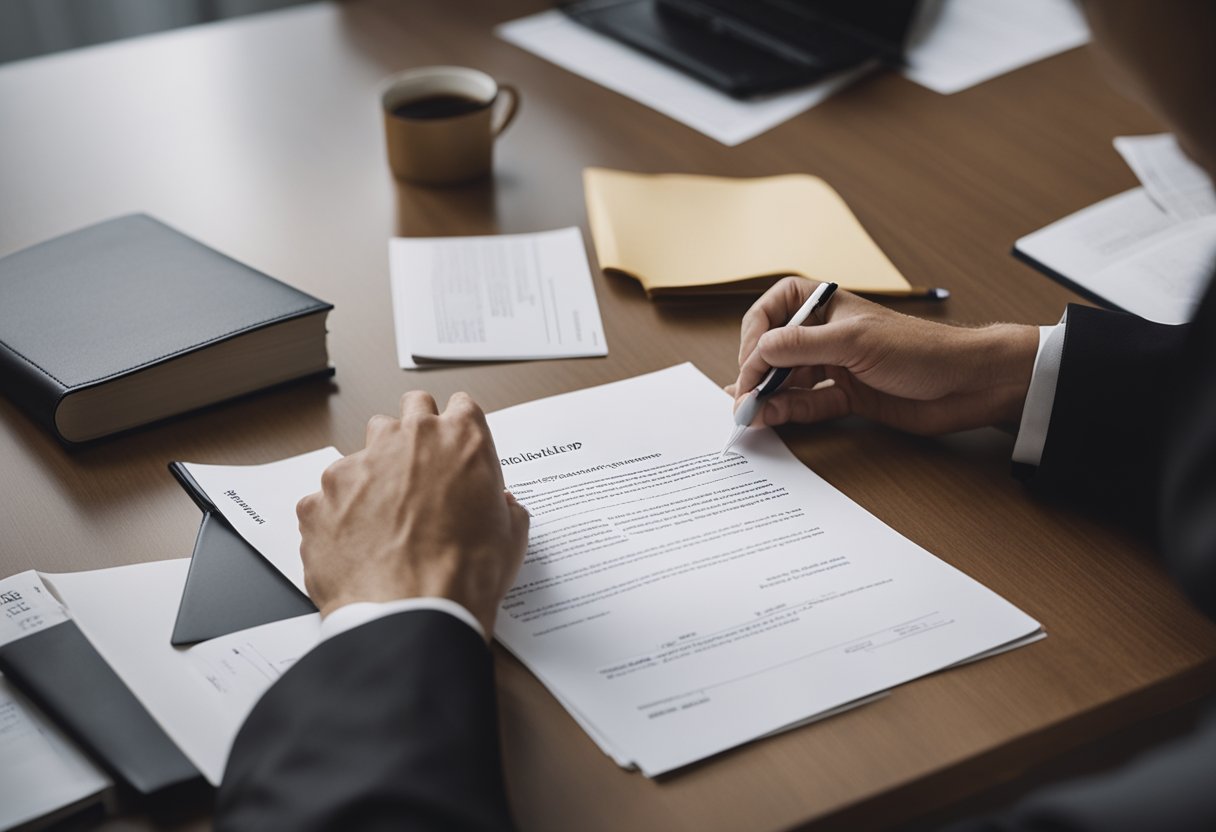 A person signing legal documents at a desk with a title "Juridiske forpliktelser og registrering etter boligkjøp" visible on the paperwork