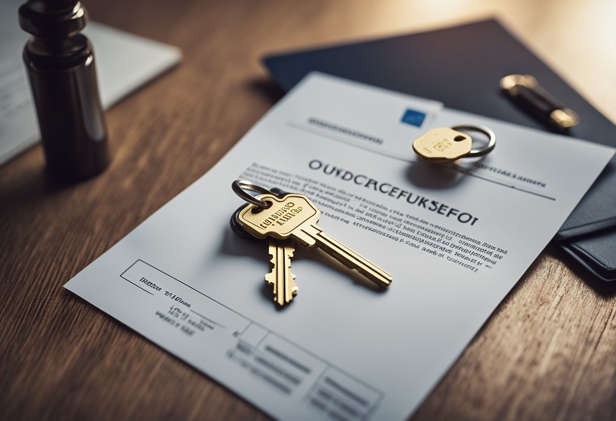 A house key being handed over with legal documents and registration papers in the background