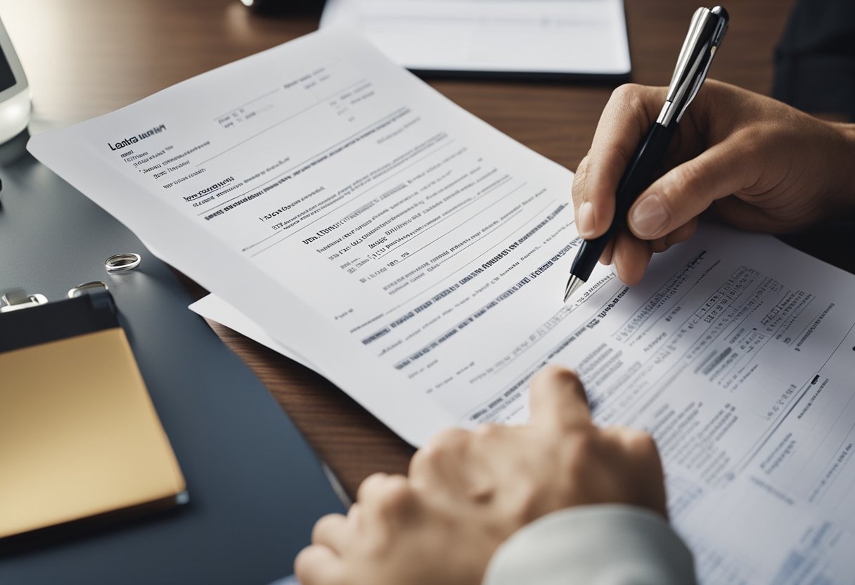 A person signs legal documents and fills out forms after purchasing a house