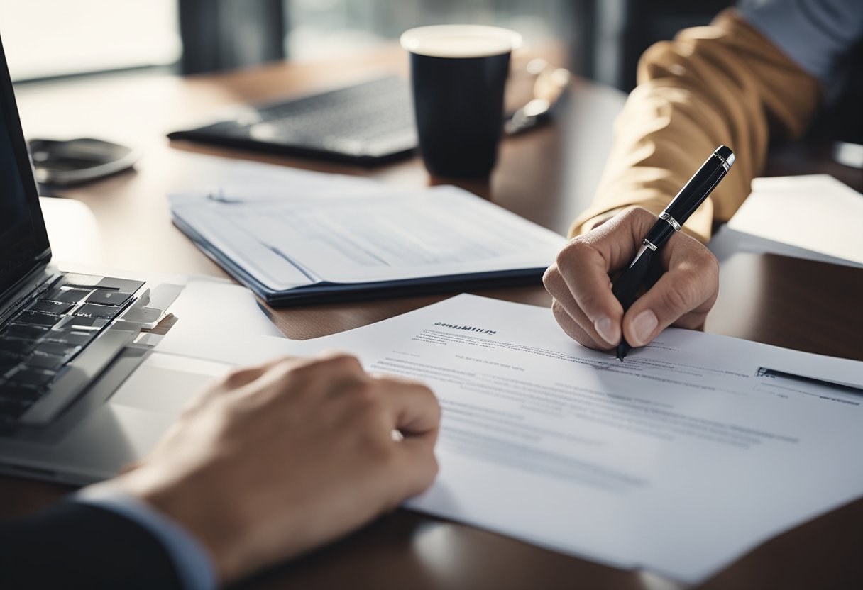 A person signing legal documents in a real estate office. Papers, pen, and a computer on a desk