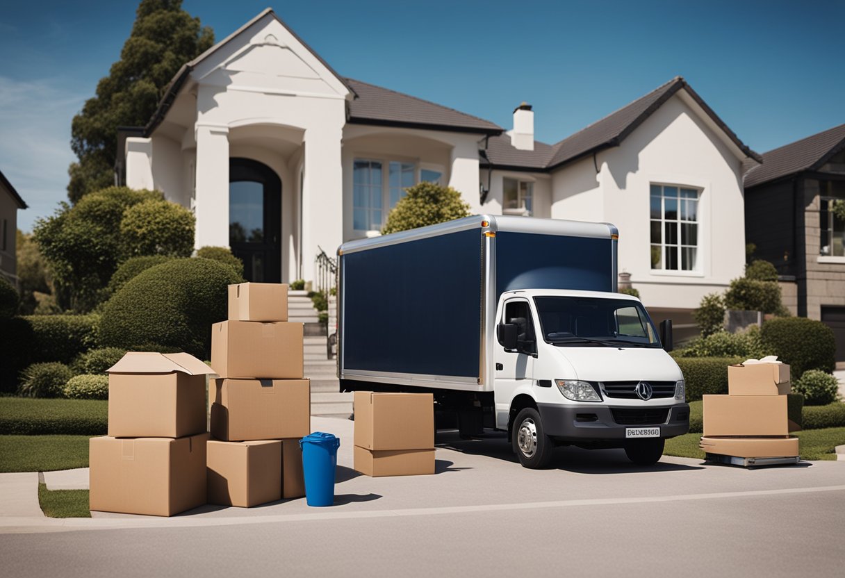 A moving truck parked outside a house, boxes being carried in by movers, a smiling family unpacking and arranging furniture inside