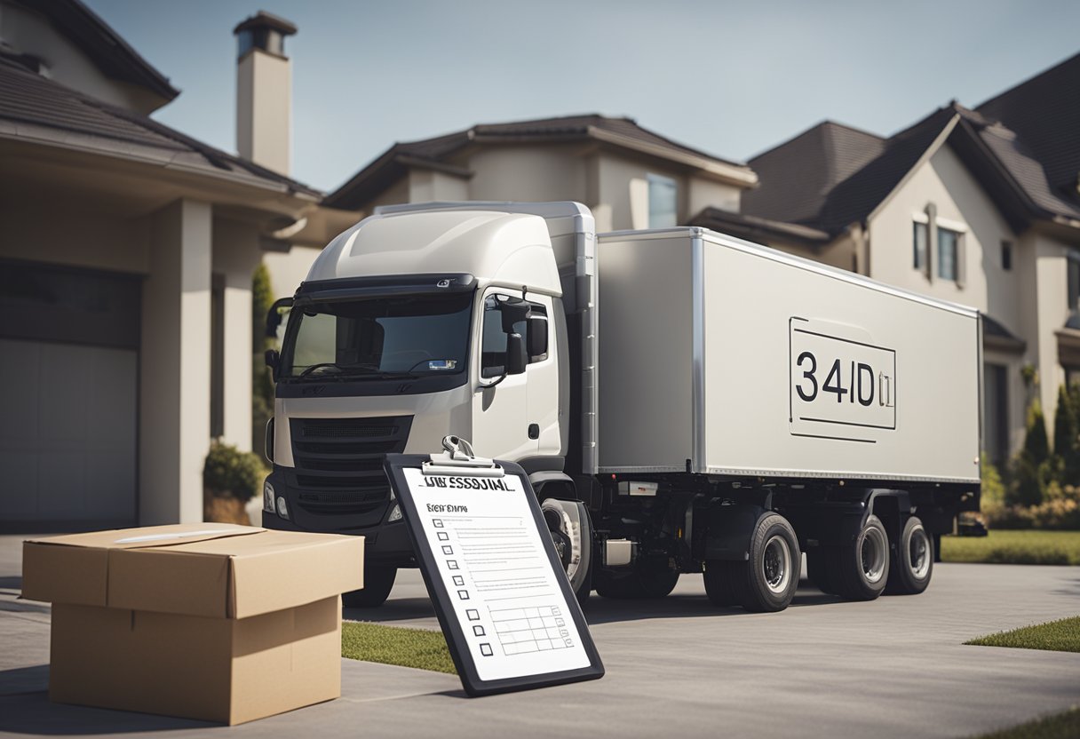 A moving truck parked outside a house, boxes being carried in and out, a checklist on a clipboard, and a floor plan being consulted