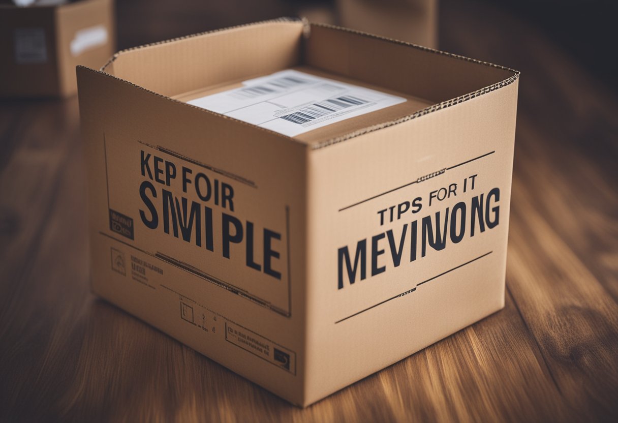 A moving box being labeled with the words "Tips for moving and settling in: Keep it simple and smooth."