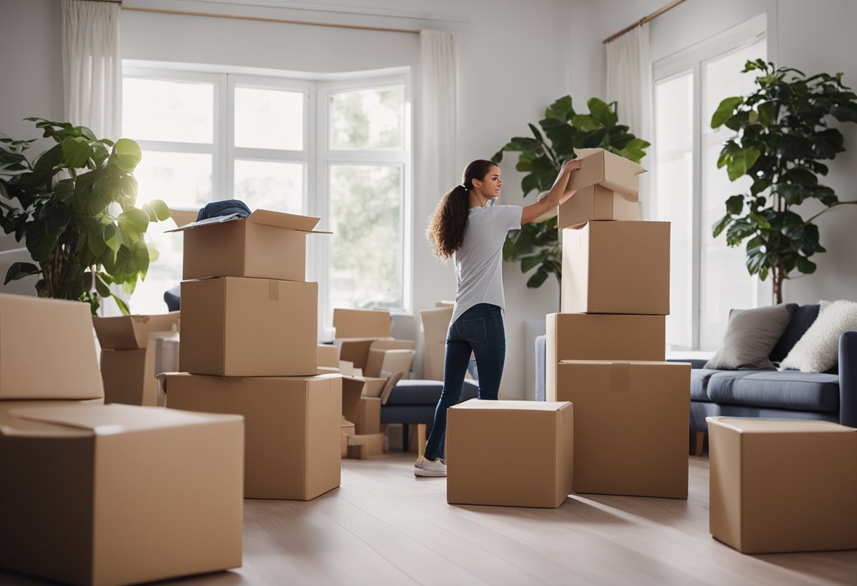 On moving day, a simple and smooth transition with boxes and furniture being moved into a new home