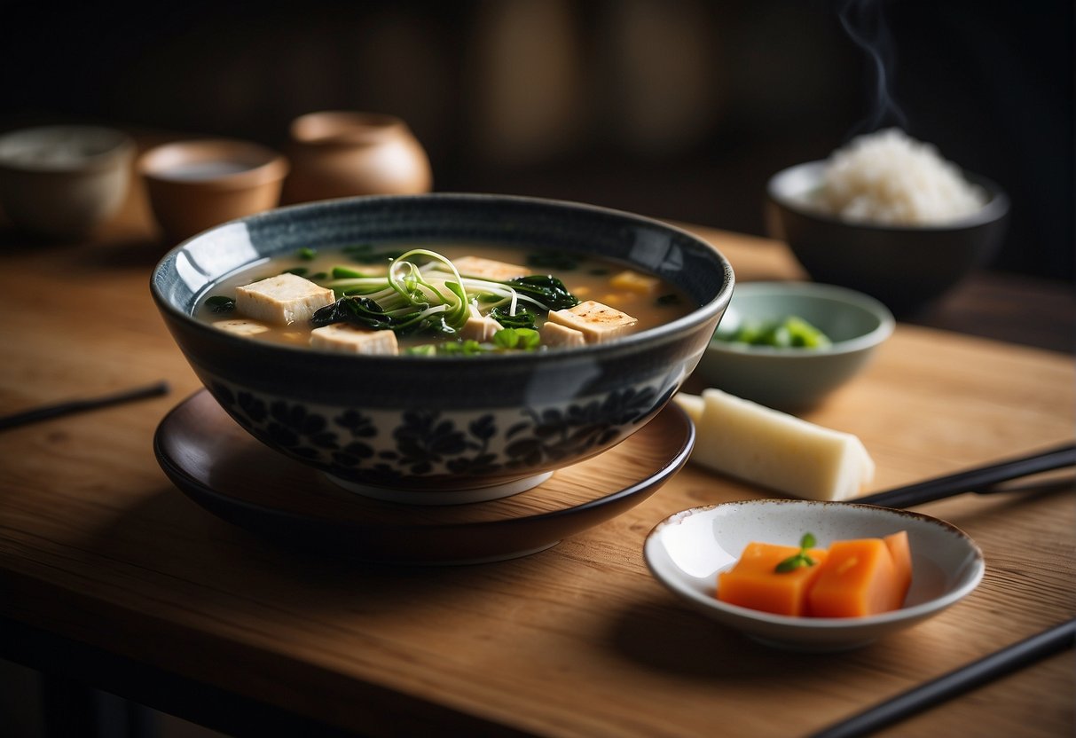 A steaming bowl of miso soup sits on a wooden table, surrounded by chopsticks and a small dish of tofu and seaweed