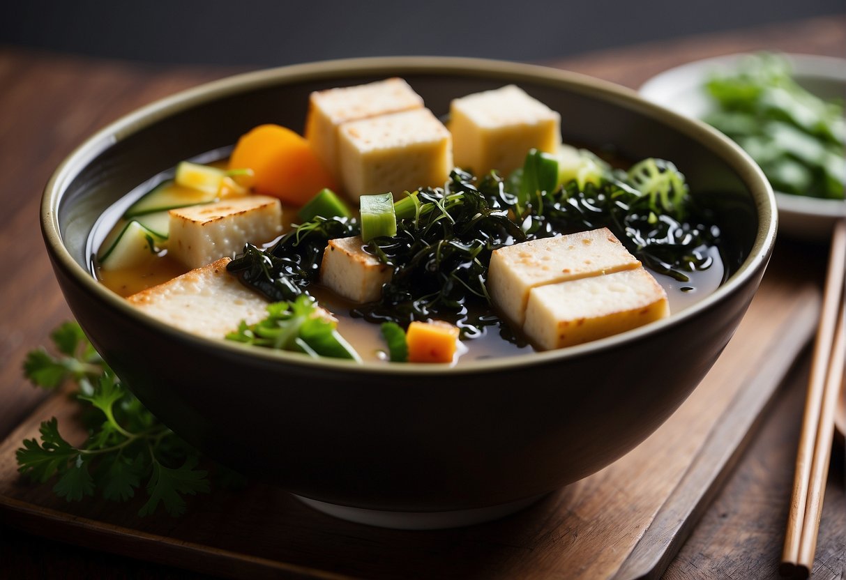 A bowl of miso soup with tofu and seaweed, surrounded by low-carb vegetables