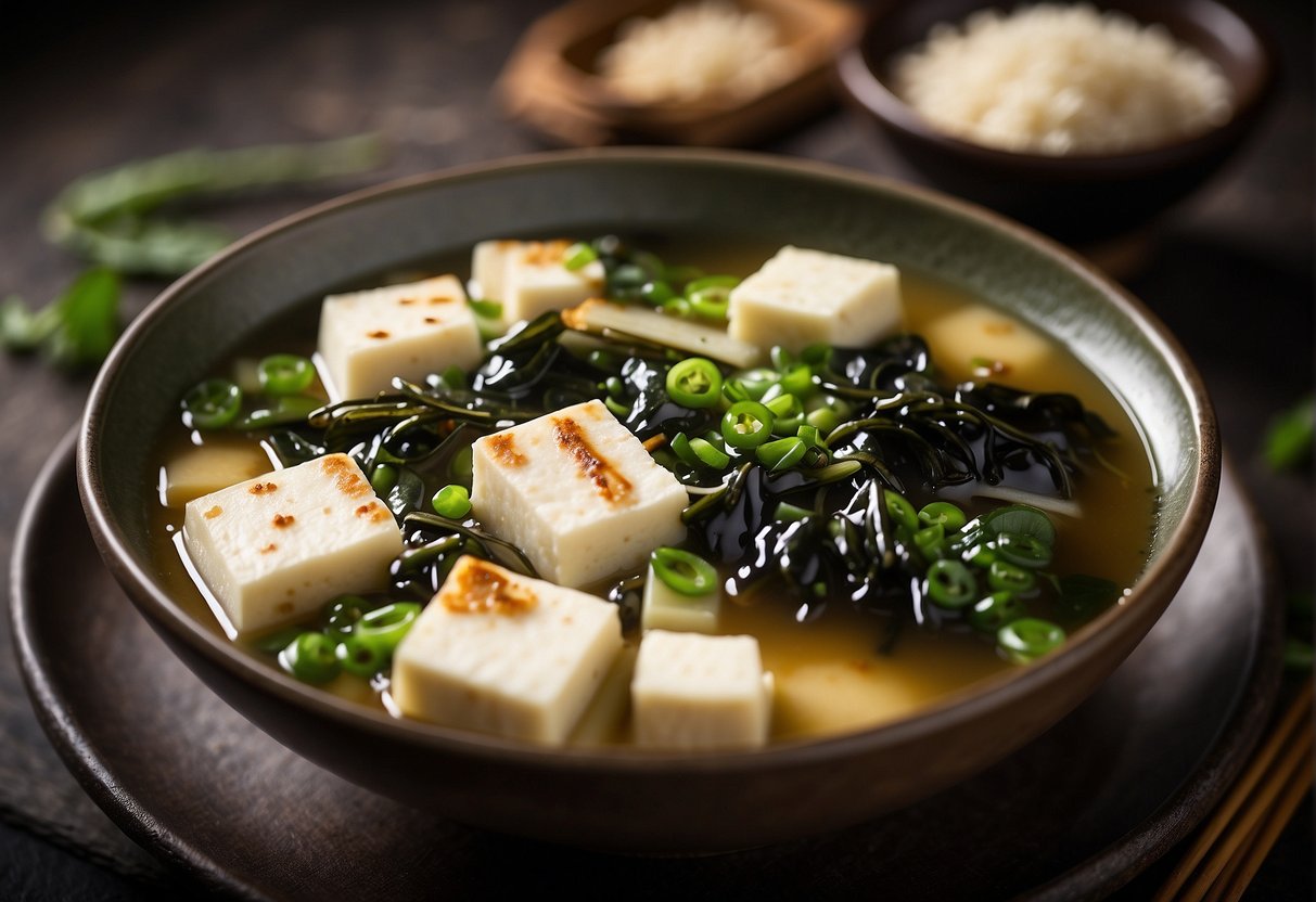 A bowl of miso soup with tofu, seaweed, and scallions. Nutritional information displayed: low in carbs, high in protein and probiotics