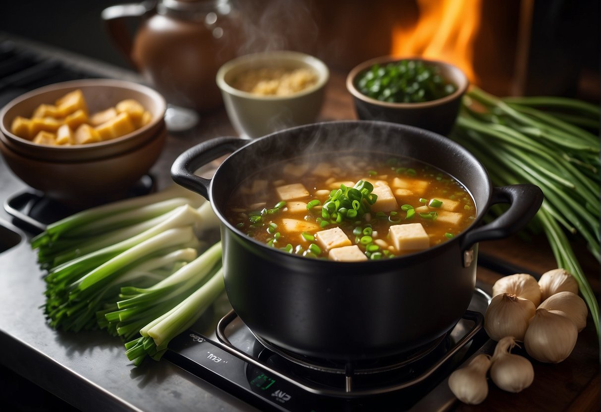 A pot simmers on a stove. Ingredients like miso paste, tofu, seaweed, and green onions are laid out on a cutting board
