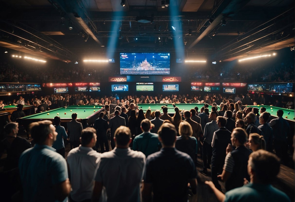 A crowded snooker arena with colorful banners and a large scoreboard. Bookmaker logos displayed prominently. Excited fans cheering in the background